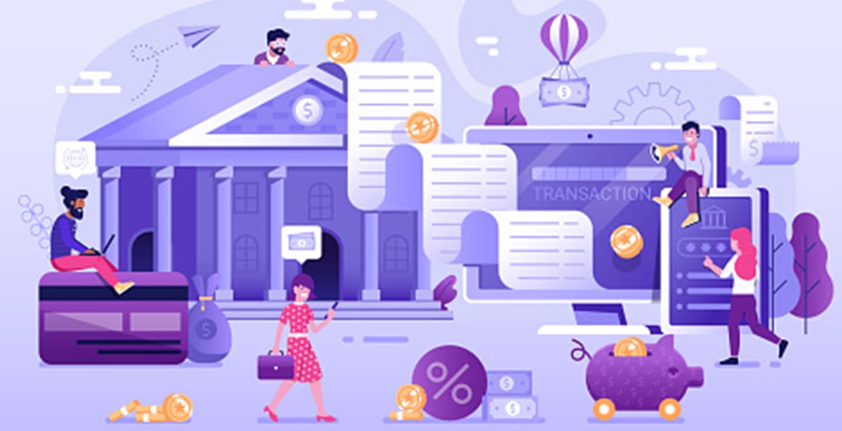 People walking around a small town with a bank in the background