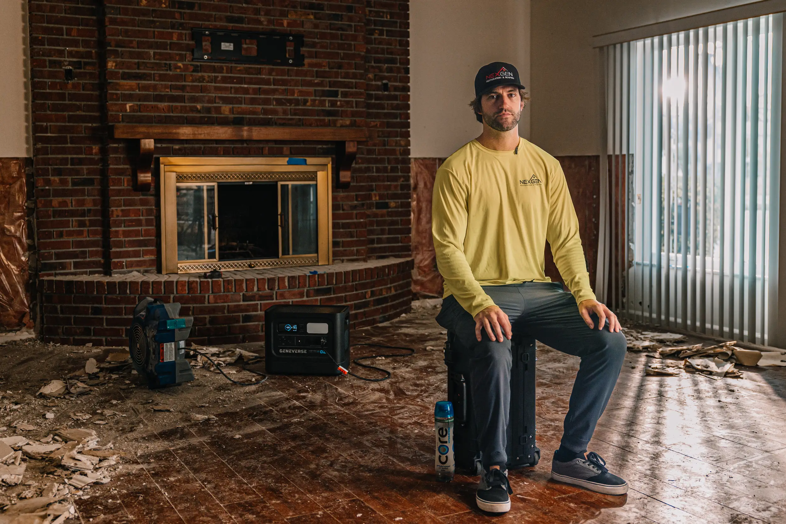 man sitting in destroyed home