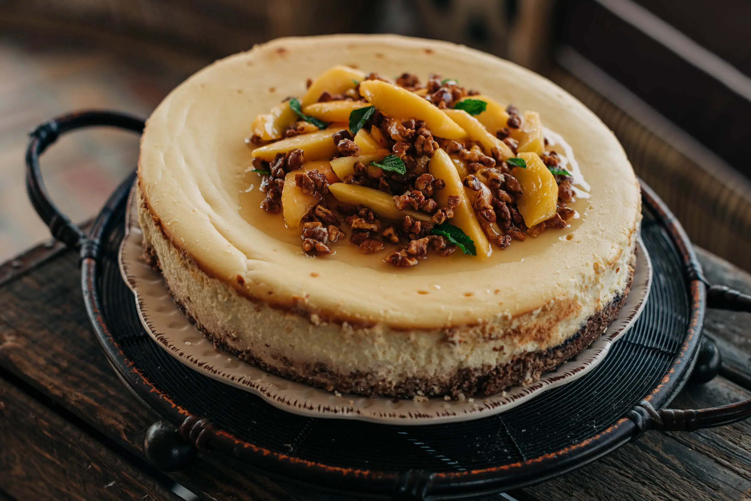 cheesecake with peaches and pecans