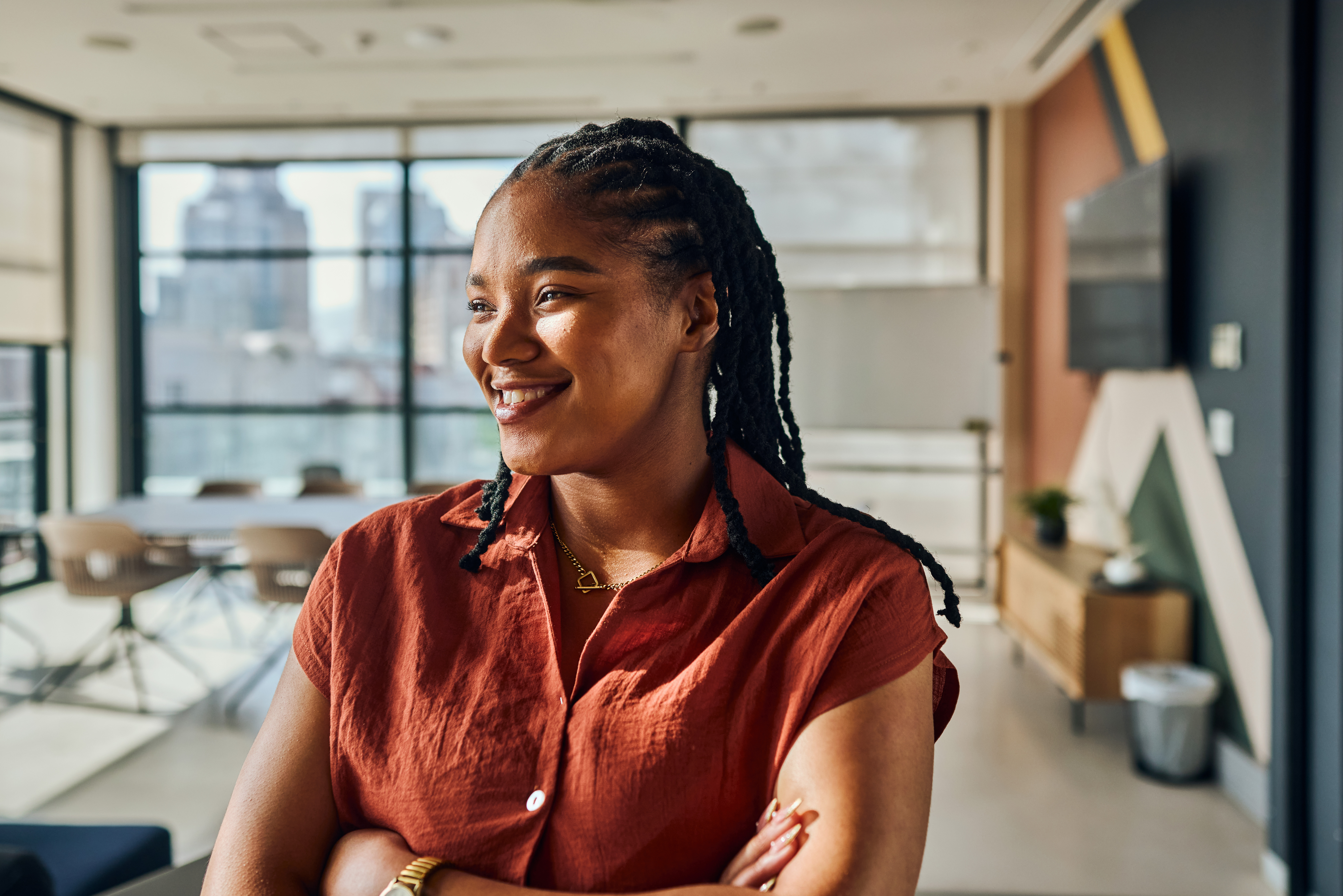 Girl smiling in an office setting