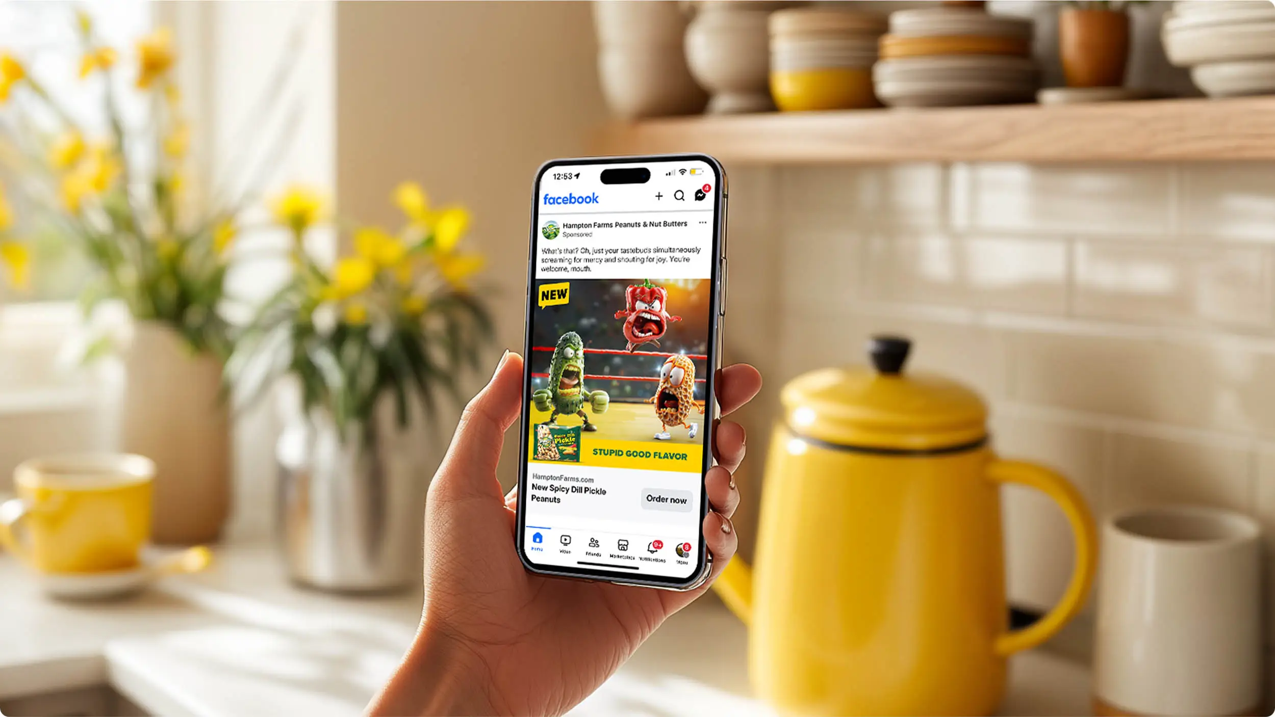 hampton farms paid social mockup on phone in kitchen