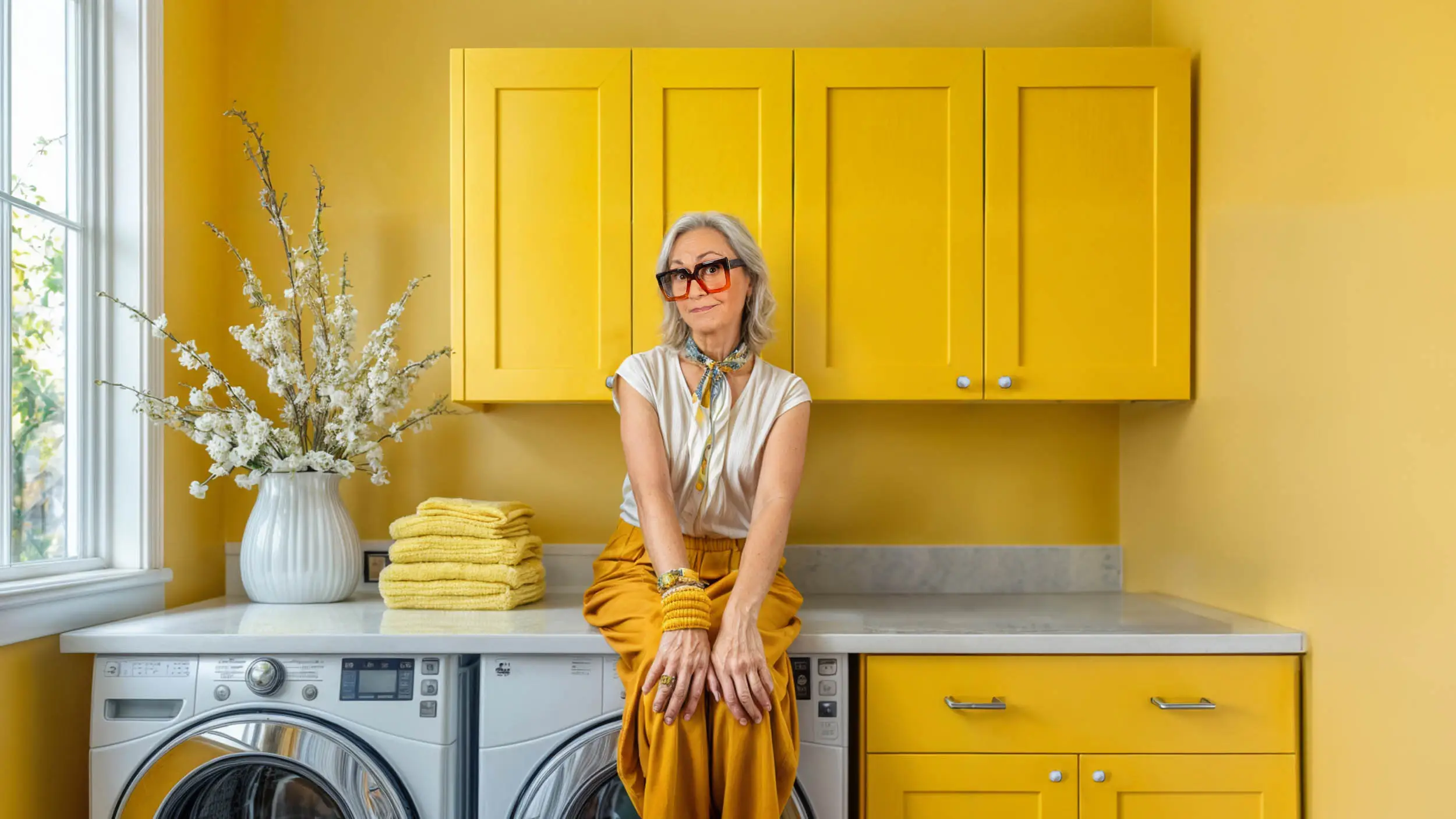 lady sitting on counter in laundry room