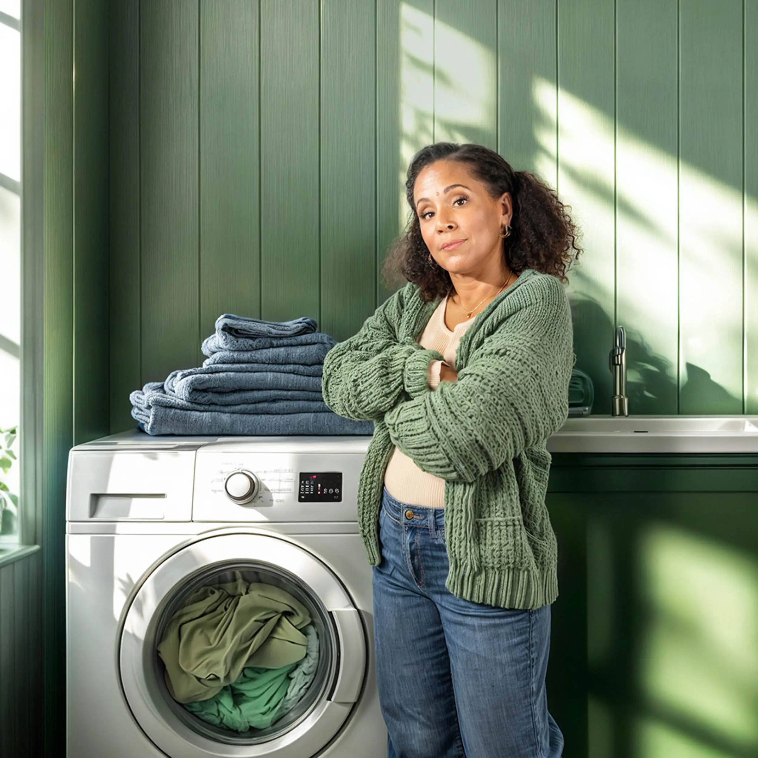 mom with arms crossed doing laundry