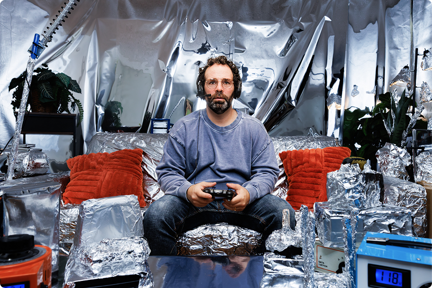 man sitting on tin foil couch