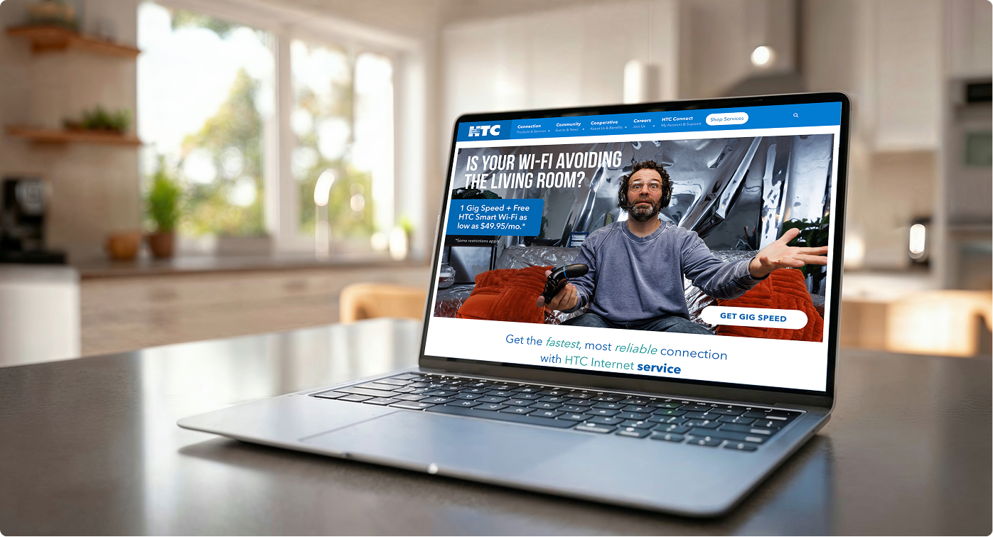 HTC Website on laptop on counter