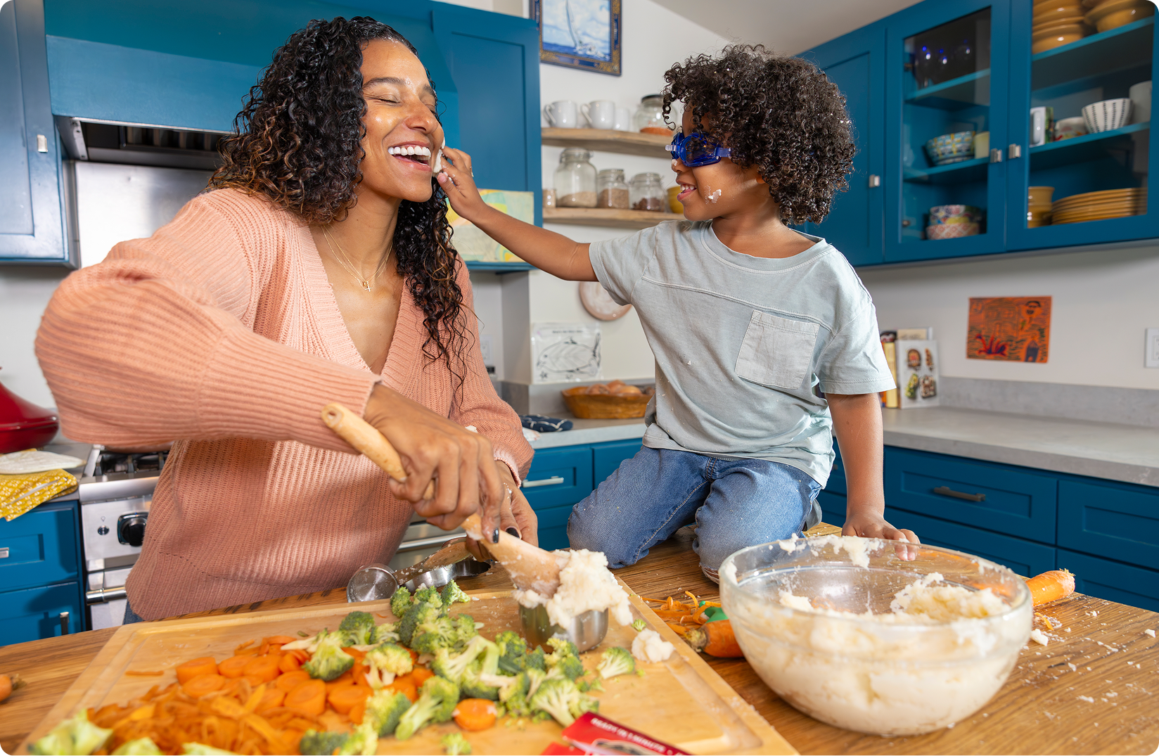 mom and son in kitchen
